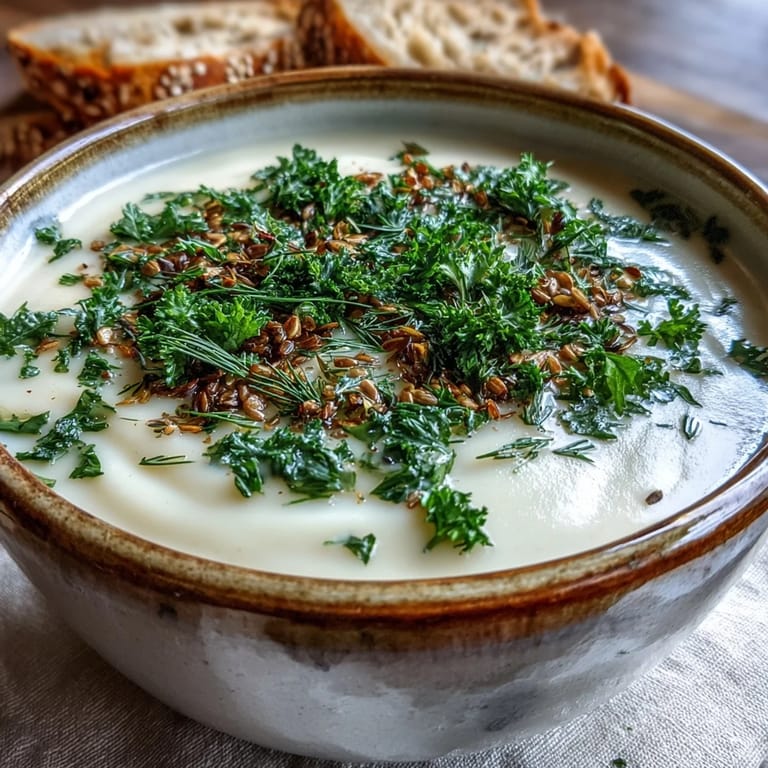 Fresh tarragon and parsley top a rich, creamy parsnip and herb soup, showcasing a smooth texture and vibrant garnish in a cozy kitchen setting.