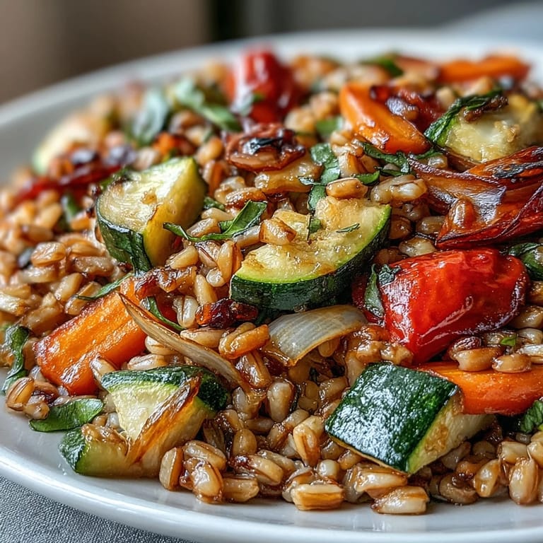 Farro With Roasted Vegetables served warm as a hearty Mediterranean main dish with caramelized onions and peppers.