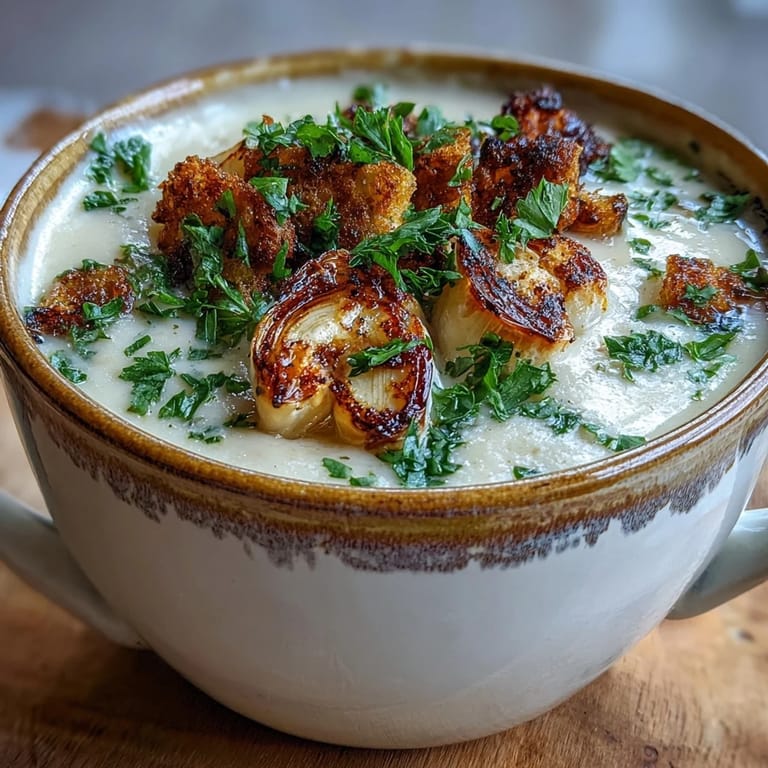 Hearty Roasted Garlic Soup served in a white ceramic bowl, topped with chopped parsley and a drizzle of olive oil, ready to enjoy.