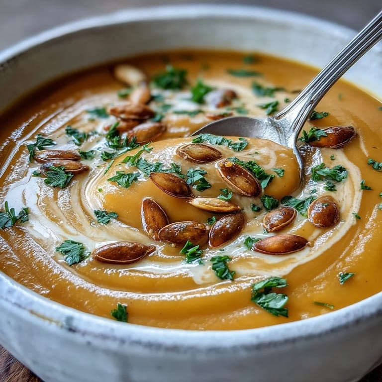 Golden butternut squash and apple soup ladled into a ceramic dish, ready to enjoy with crusty bread.