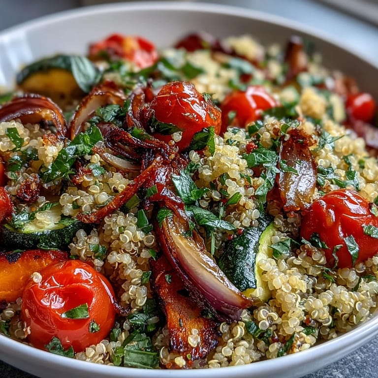 A healthy scoop of Quinoa Vegetable Pilaf features vibrant diced bell peppers, zucchini, and carrots, perfect as a main or side.