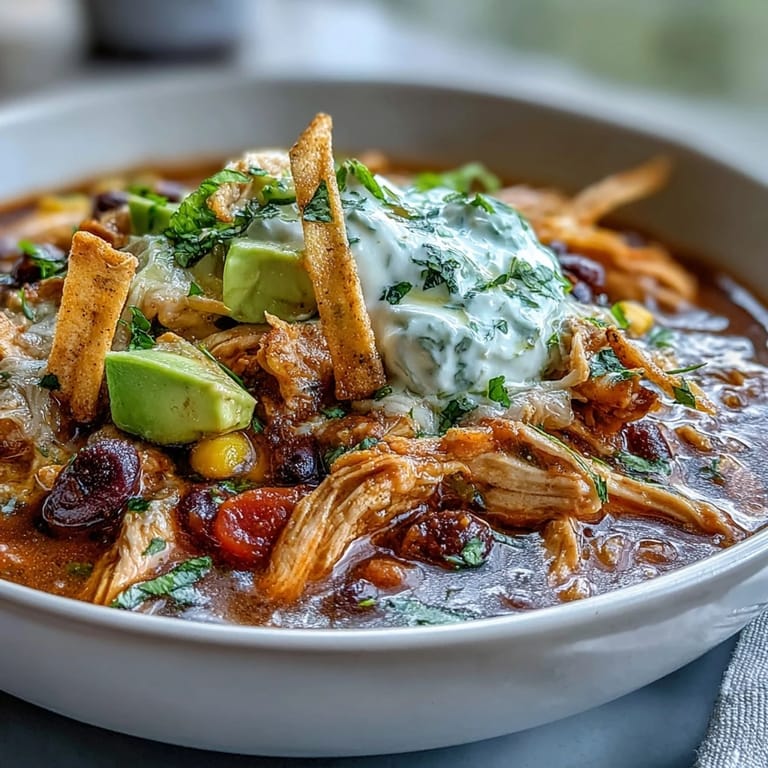 Instant Pot Chicken Tortilla Soup served hot with colorful corn, black beans, and melted cheese.  