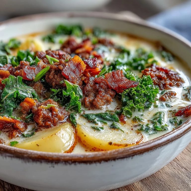 Savory Italian Sausage Soup simmered in a rich broth, featuring hearty potatoes and wilted kale served with crusty bread.