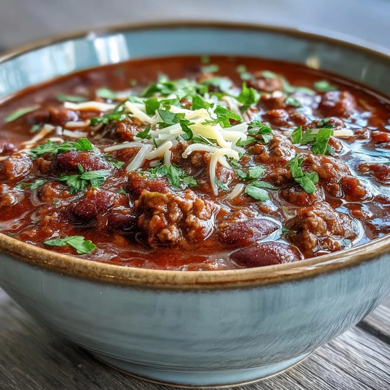 A close-up of a white bowl filled with hearty Slow Cooker Chili, topped with shredded cheddar cheese and a dollop of sour cream. 