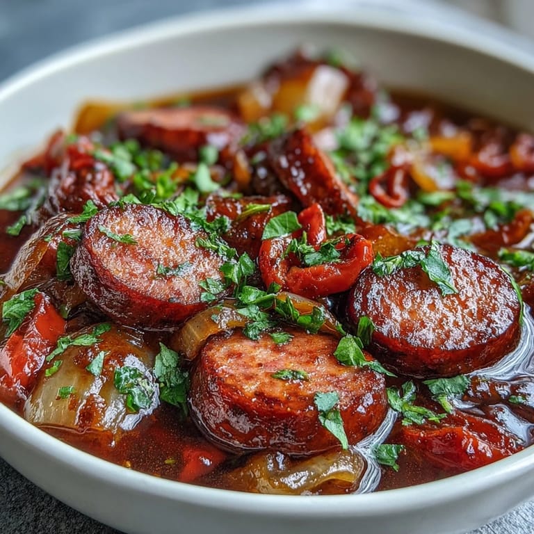 Close-up of Crock Pot BBQ Cocktail Sausage Soup in a slow cooker, showing shredded sausages and diced vegetables in a glossy, reddish-orange BBQ-based liquid.