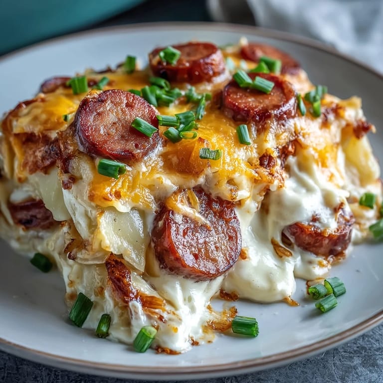 Layers of cheesy pierogi and smoky kielbasa in a bubbling Crockpot Pierogi Casserole With Kielbasa.