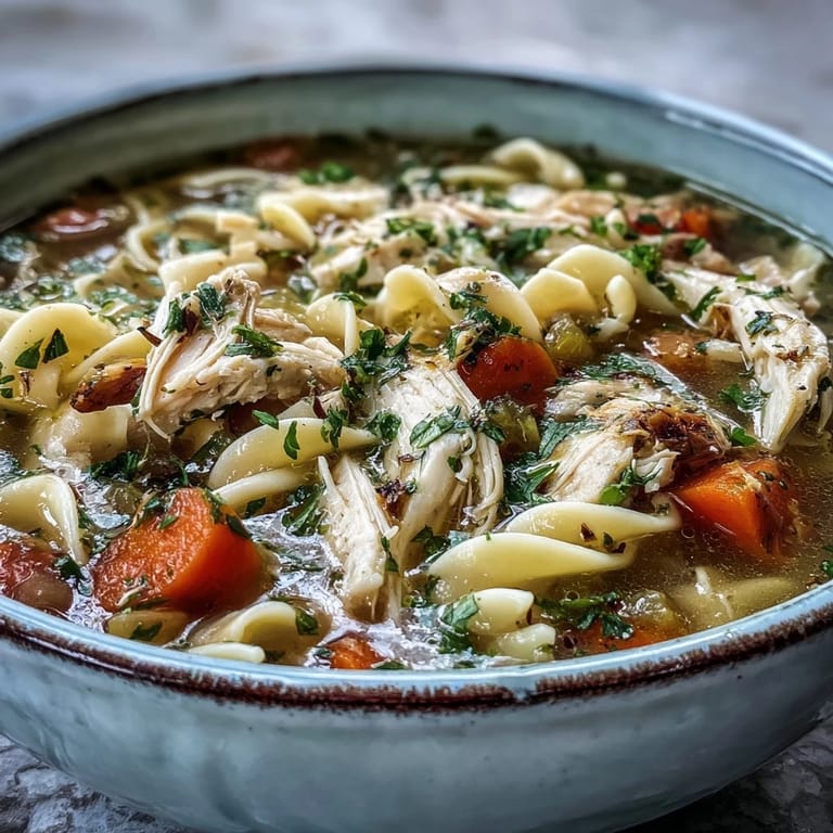 Hearty bowl of Instant Pot chicken noodle soup with soft egg noodles and fresh parsley garnish.