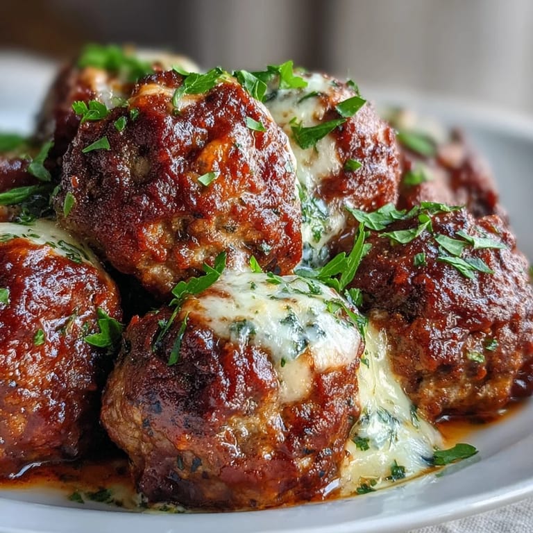Italian-style Cheesy, Garlicky Meatballs With Marinara nestled in a bowl, red sauce glistening and herbs sprinkled on top.