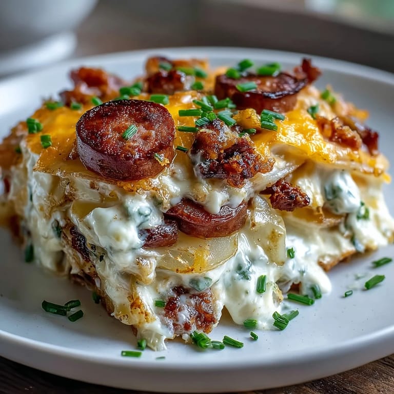 Hearty Crockpot Pierogi Casserole With Kielbasa served steaming hot from the slow cooker with a golden crust.