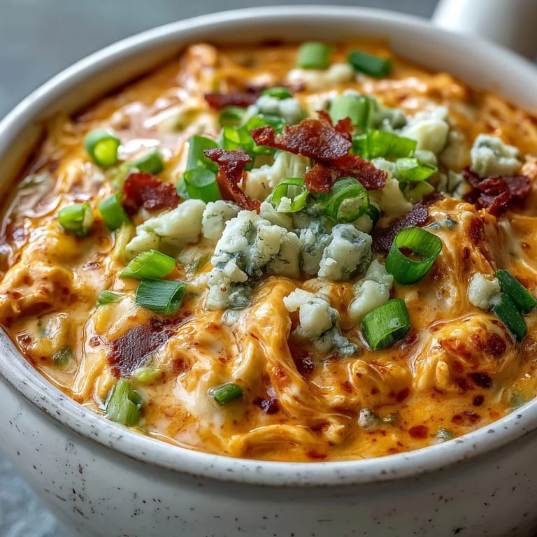 Creamy Crock Pot Buffalo Chicken Dip Soup with shredded chicken, cheddar, and green onions.  