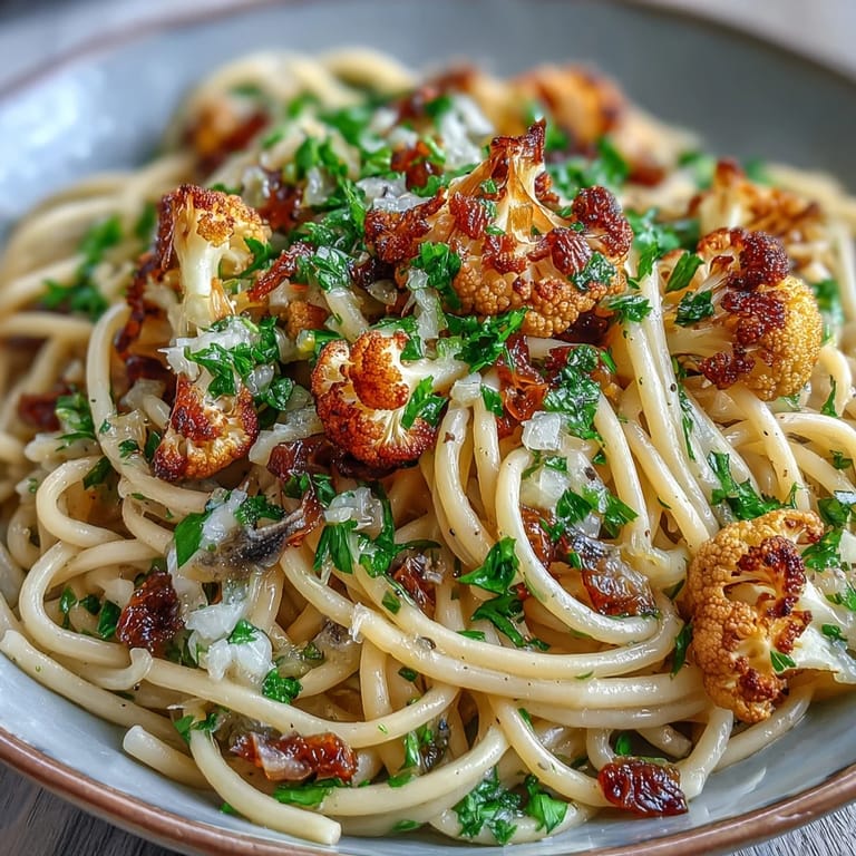 Whole wheat spaghetti tossed with savory anchovies, capers, and sweet raisins, close-up on plate.