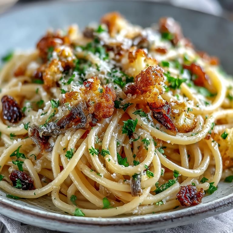 Italian-inspired cauliflower, anchovy and raisin spaghetti with lemon zest, served with white wine.
