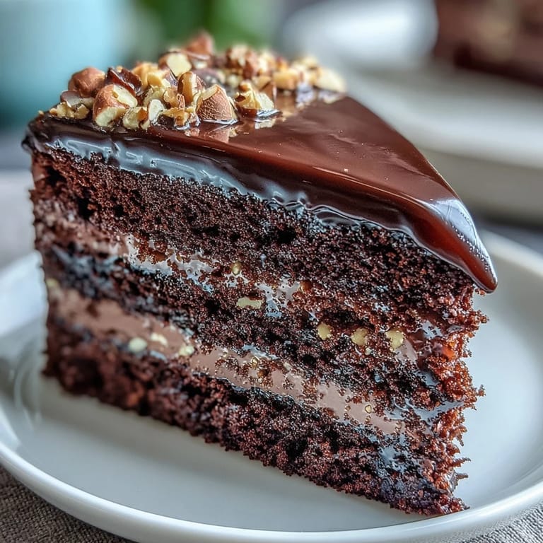 A plated wedge of Chocolate Celebration Cake shows rich ganache frosting and sparkling hazelnut praline beside a steaming mug of espresso.