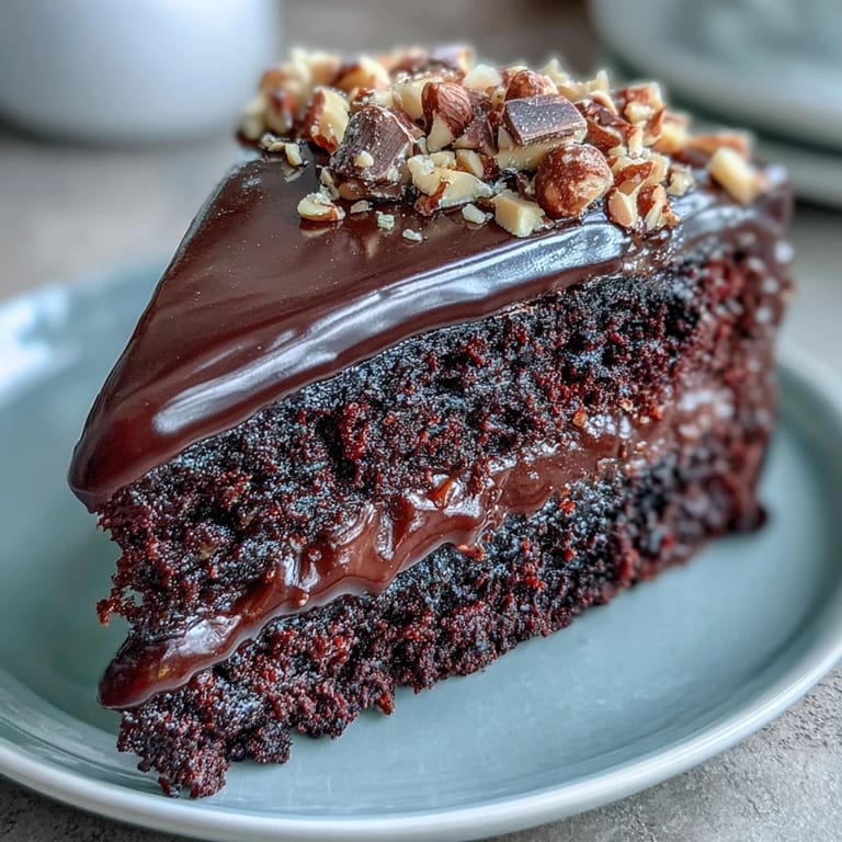 Close-up of Chocolate Celebration Cake reveals moist chocolate layers, glossy ganache coating, and jagged hazelnut praline bits for a decadent dessert.