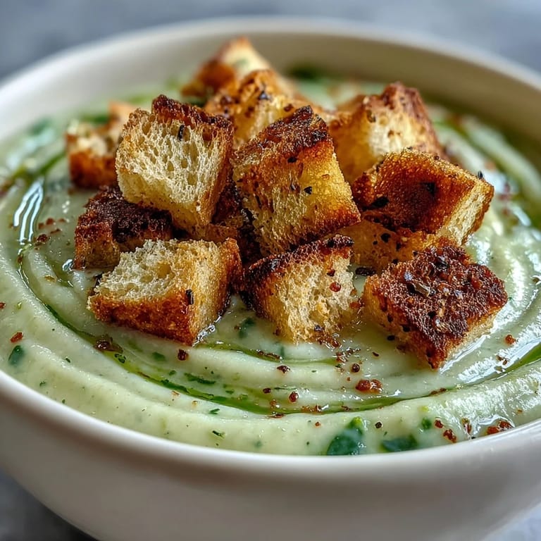 Steaming Cauliflower and Broccoli Soup in a rustic bowl, topped with golden croutons, alongside fresh broccoli florets for a wholesome, comforting meal.