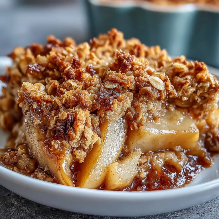 Freshly baked Pear Crumble with a thick, crunchy oat topping, ready to serve after cooling slightly on the counter.