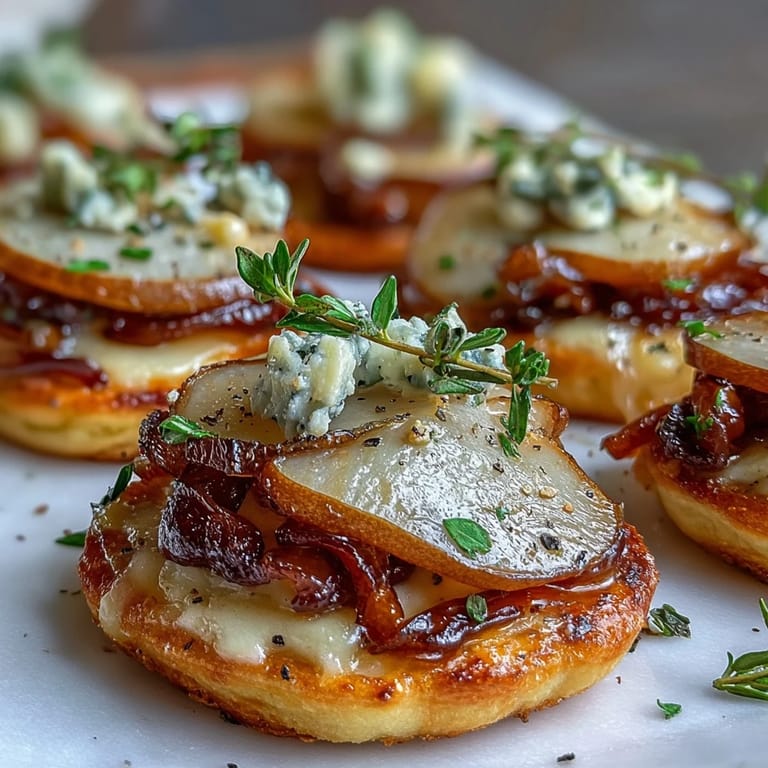 Overhead view of freshly baked Pear, Gorgonzola, and Pickled Walnut Pizzettes topped with arugula and honey drizzle.