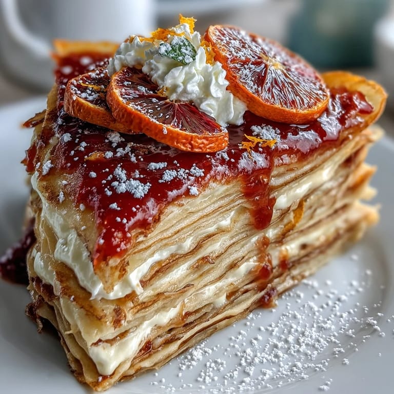 A tall slice of Blood Orange Curd Crêpe Cake reveals alternating layers of fluffy whipped cream and vibrant orange curd on a white plate.