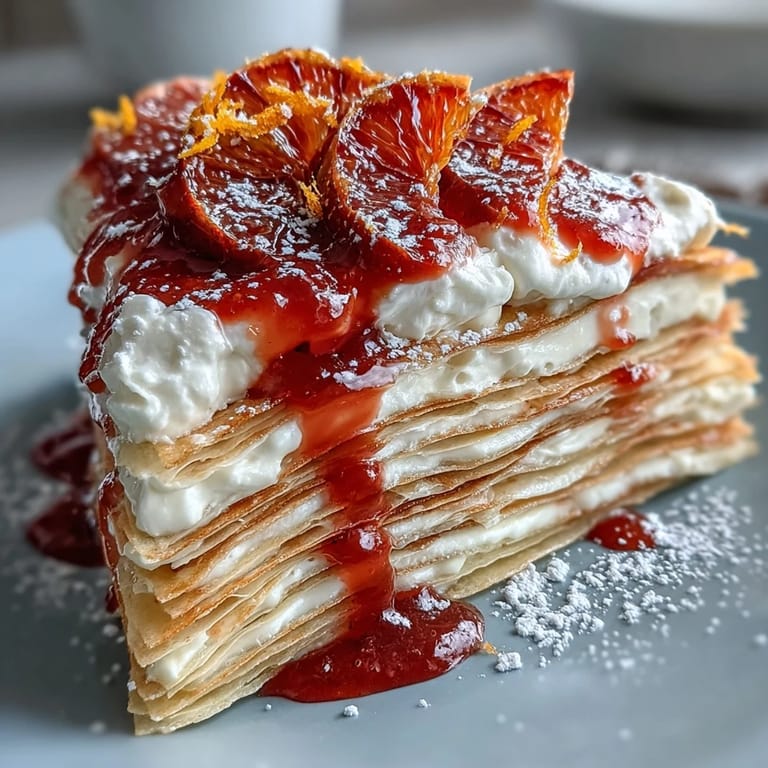 Close-up of Blood Orange Curd Crêpe Cake showcasing powdered sugar dusting, fresh zest, and glossy blood orange slices on a marble counter.