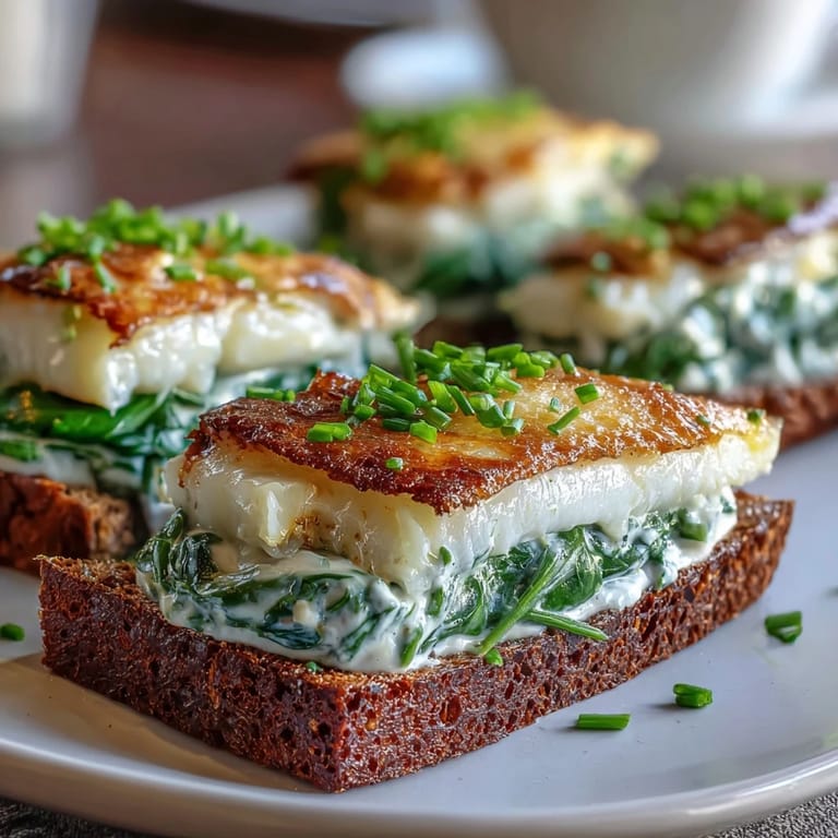 Close-up of smoked haddock and spinach rye toasts on a plate, ready for a quick protein-rich breakfast.