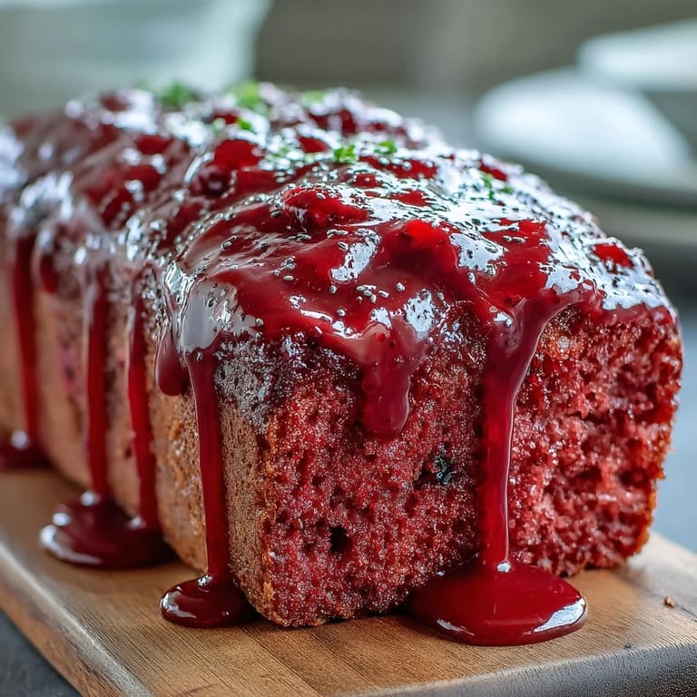 A moist Blood Orange Loaf Cake with poppy seeds, showcasing ruby-red slices and marzipan texture.