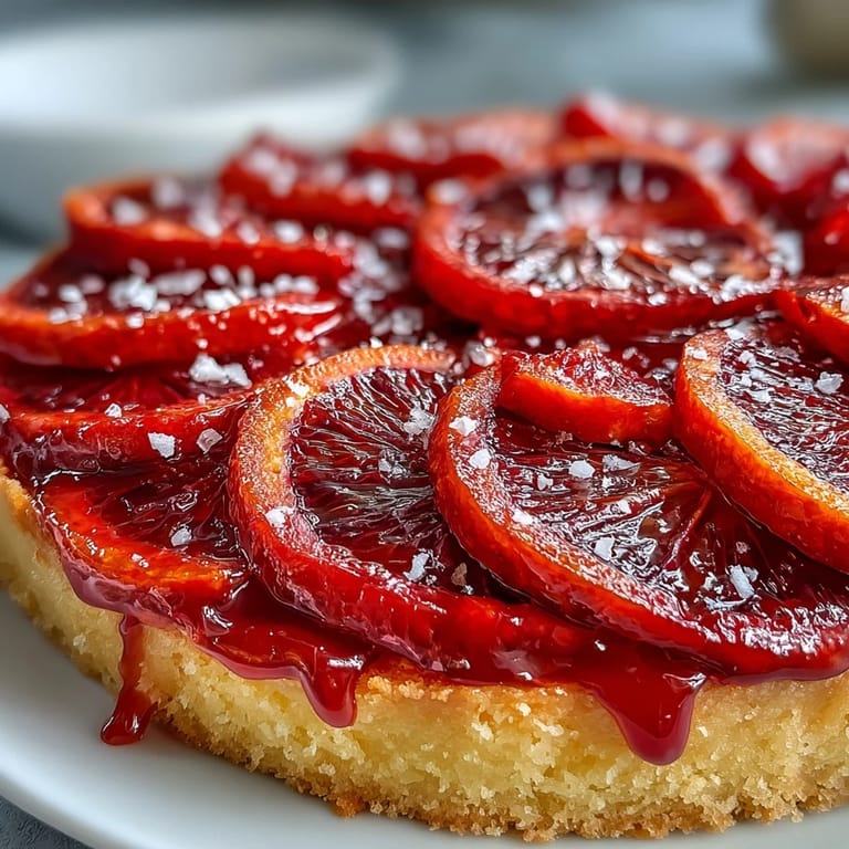 Six individual Blood Orange Tarts filled with rich vanilla custard are served on a white plate garnished with mint.