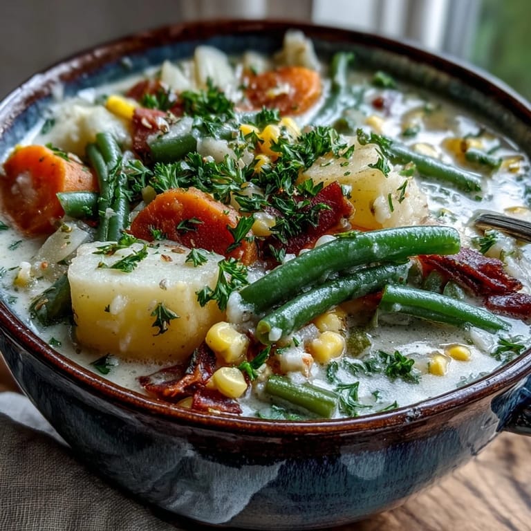 Close-up of Amish Snow Day Soup, loaded with carrots, celery, and bell peppers in a savory broth.