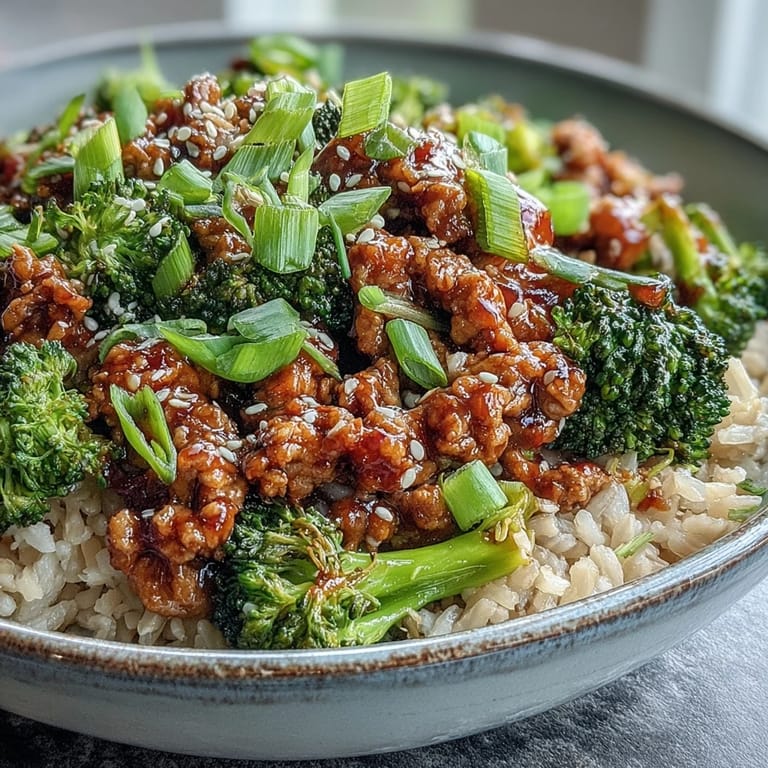 A close look at a homemade Sweet and Spicy Turkey Broccoli Bowl, featuring sautéed turkey in a sticky glaze and crisp veggies.