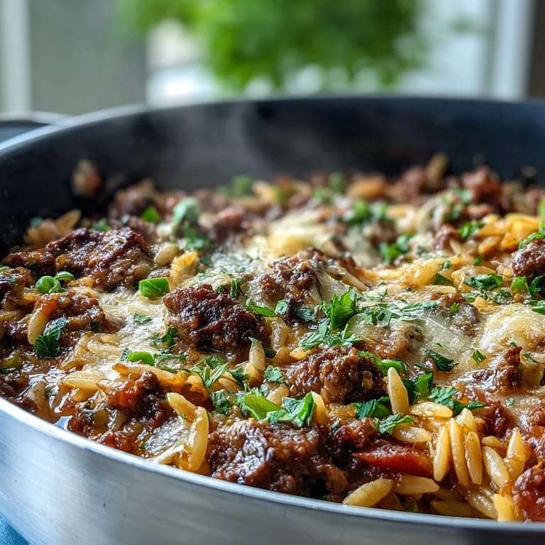 Steaming skillet of Comforting Ground Beef Orzo Dinner served with bell peppers and peas in tomato broth.
