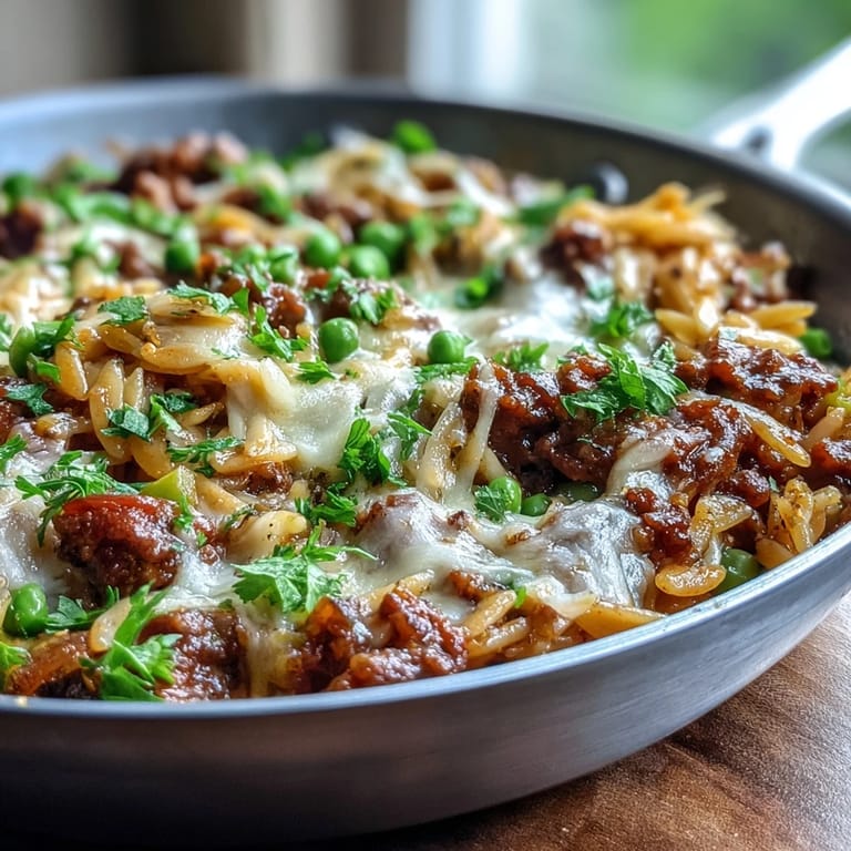 Freshly prepared Comforting Ground Beef Orzo Dinner in a rustic skillet, topped with parsley and grated Parmesan.