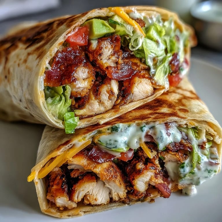 Freshly prepared Crispy Chicken Bacon Wrap with juicy seared chicken, crispy bacon, and creamy avocado slices spilling out.