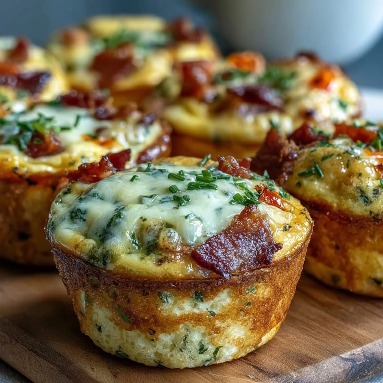 Golden-brown Breakfast Egg Muffins loaded with colorful bell peppers and onions, served hot on a rustic plate.