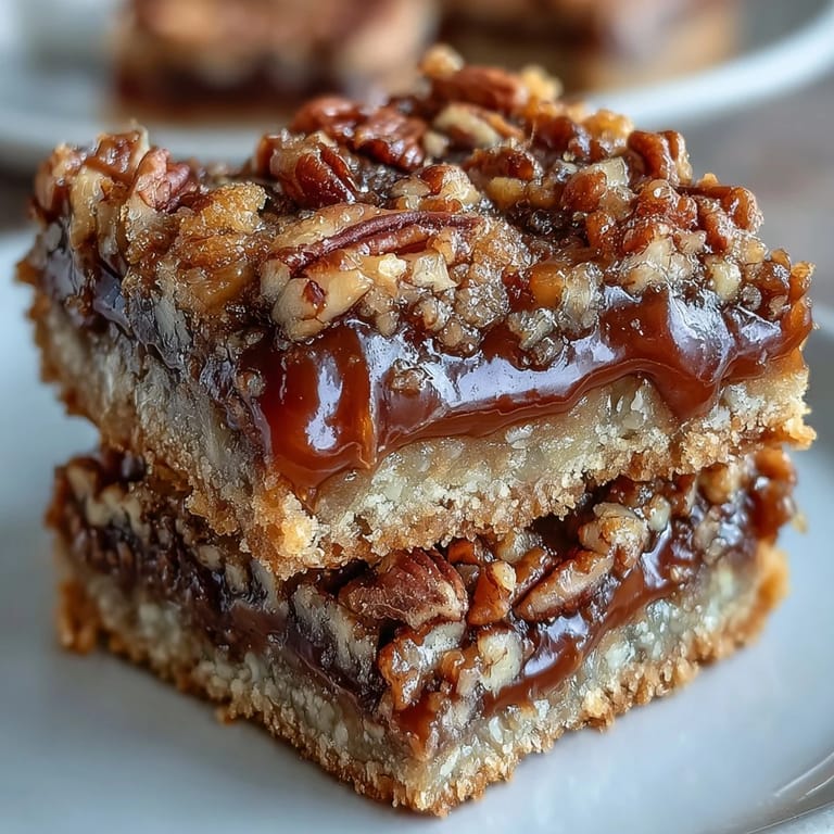 Golden-brown Decadent Sweet and Chewy Turtle Bars topped with chopped pecans and drizzling caramel on a rustic table.