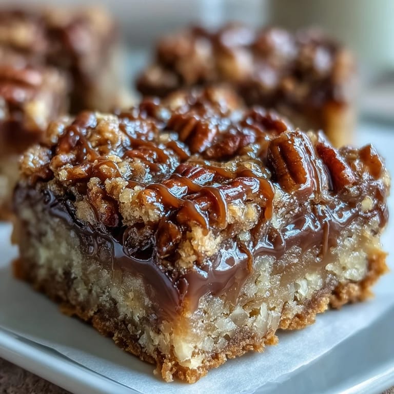 Homemade Decadent Sweet and Chewy Turtle Bars with chocolate chips and toasted oats on a white plate.