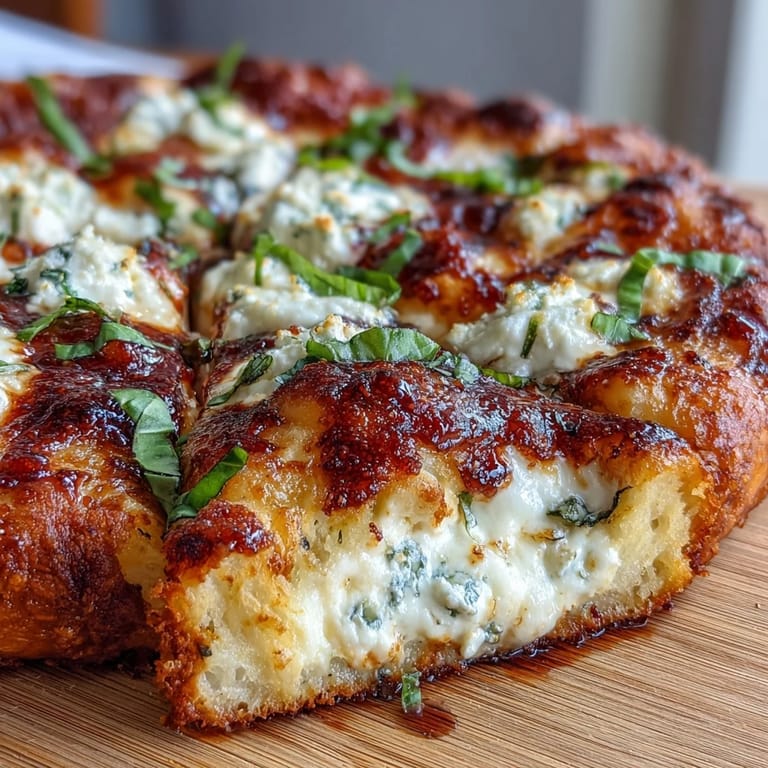 Close-up of a Hot Honey Ricotta Pizza with fresh basil leaves, melted mozzarella, and warm honey drizzle over the cheesy surface.