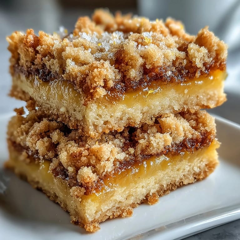 Golden-brown Homemade Lemon Crumb Bars are neatly sliced on a marble board, showing tender lemon filling and crumbly texture perfect for serving.