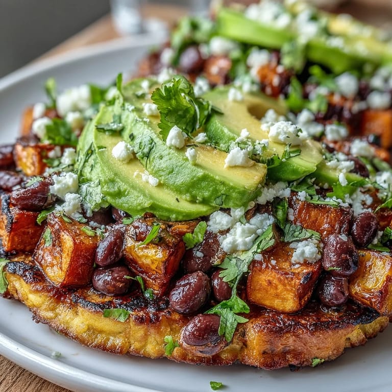 Smoky, roasted sweet potato cubes on tostadas topped with creamy avocado slices and feta.