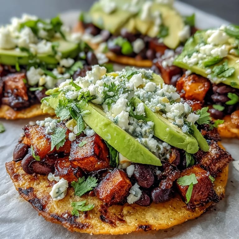 Vibrant vegetarian Black Bean and Sweet Potato Tostadas garnished with fresh cilantro and corn.