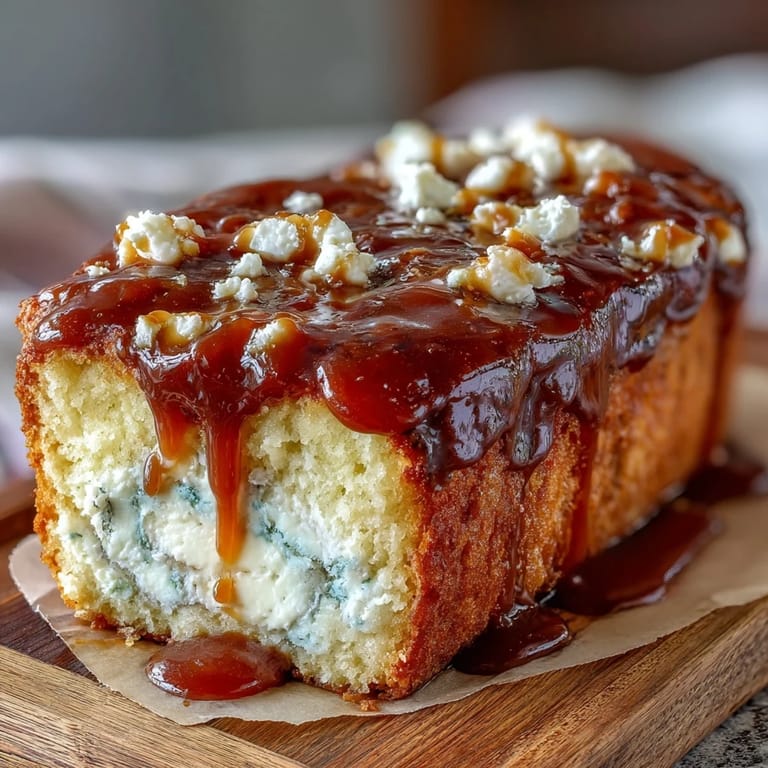 Two golden-brown Caramel Cream Cheese Bread slices stacked on a white plate, revealing creamy cheesecake-like center. 