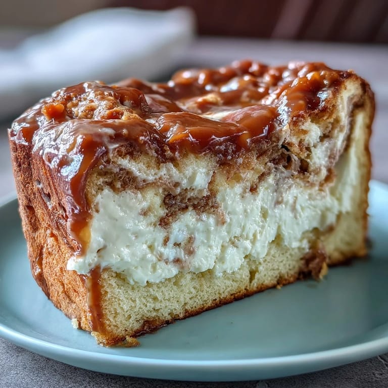 Warm Caramel Cream Cheese Bread loaf on a marble counter, topped with caramel drizzle and served with coffee.