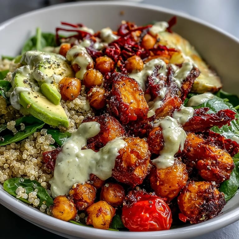 A nourishing Buddha Bowl showcases fluffy quinoa, caramelized roasted sweet potatoes, and crispy chickpeas, layered with fresh greens and ripe avocado, drenched in garlic tahini dressing.