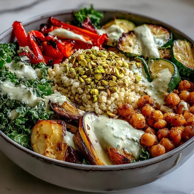 This healthy Mediterranean Buddha Bowl features fluffy bulgur, roasted vegetables, and kale, perfect for nutritious weekly meal prep.