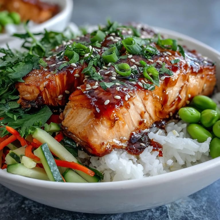 Steamed jasmine rice and vibrant julienned veggies complete this easy Asian-Inspired Salmon Bowl, ready for a healthy dinner.