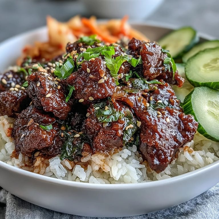 Garnished with sesame seeds and scallions, this Korean Beef Bowl features tender beef, crunchy veggies, and bold gochujang flavors ready to serve.