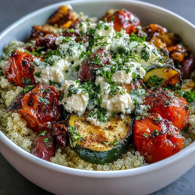 An overhead view of a Mediterranean Buddha Bowl showcases colorful roasted zucchini and red bell pepper beside chickpeas and feta, ready to be mixed for a wholesome vegetarian main dish.
