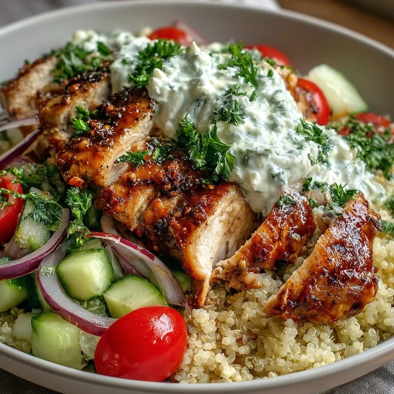 Sliced lemon-herb chicken over quinoa with cucumber, cherry tomatoes, and red onion in a Greek Chicken Power Bowl.