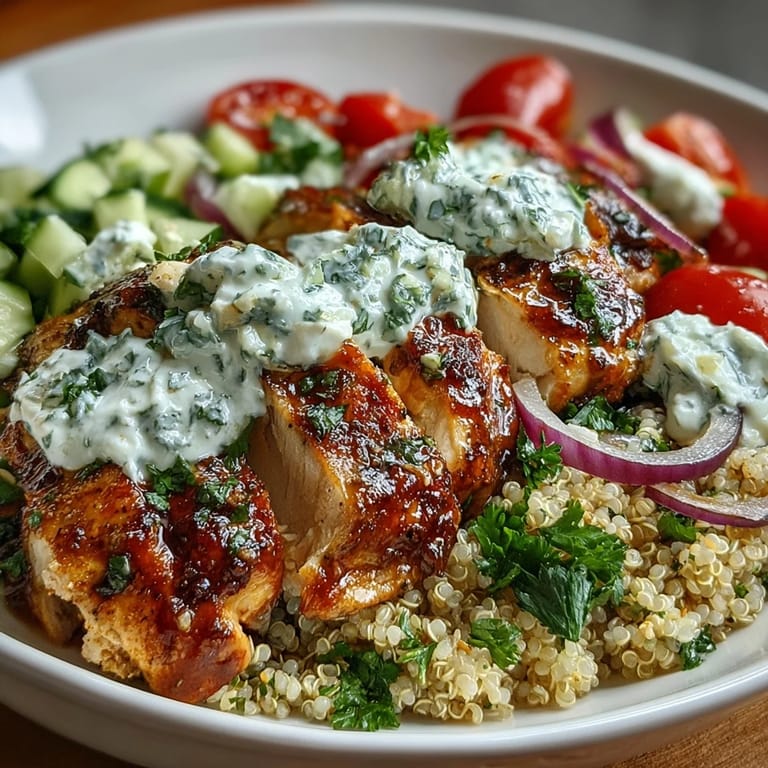 Close-up of a Greek Chicken Power Bowl topped with tangy tzatziki, Kalamata olives, and fresh parsley.