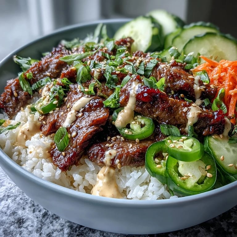 A close-up of the Korean Beef Power Bowl, featuring juicy marinated beef, crisp cucumbers, and spicy jalapeño slices on rice.
