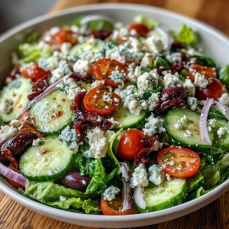 Freshly tossed Greek Salad Bowl ready to serve, featuring juicy tomatoes and crisp cucumbers in a classic olive oil dressing.