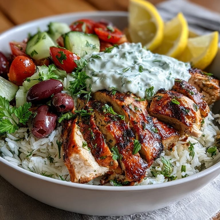 Colorful Greek Chicken Bowl assembly on a platter with fragrant herbed rice, crisp vegetables, and rich tzatziki sauce.